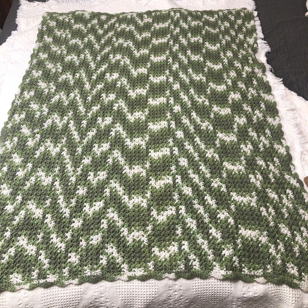 Homemade Green, Light Green, White Afghan Throw Camo 48” X 38” Scalloped Edge